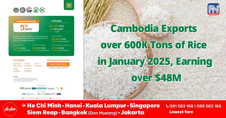 Cambodia exports over 600K tonnes of rice in January 2025, earning over $48M